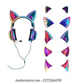 Auriculares de juego de color neón brillante con varias opciones decorativas de orejas de gato estilizadas. Elemento de diseño del vector aislado en fondo blanco