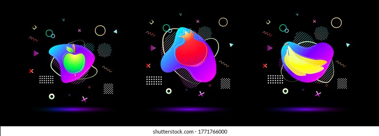 bright neon colored gradient apple, pomegranate, banana fruit with vivid colorful abstract fluid liquid and geometric memphis shapes background, stock vector illustration clip art template set