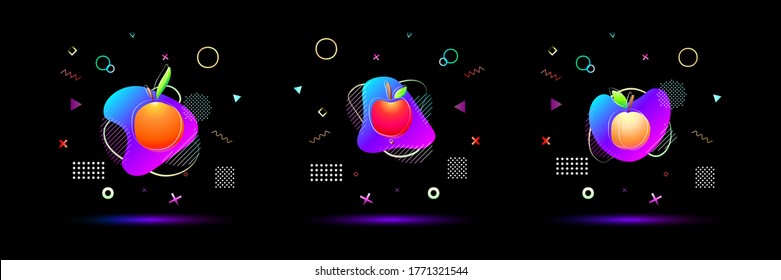 bright neon colored gradient orange, apple, apricot fruit with vivid colorful abstract fluid liquid and geometric memphis shapes background, stock vector illustration clip art template set