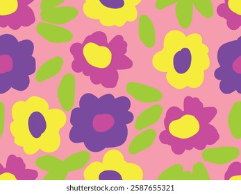 Bright neon colors cartoon flowers. Spring, summer floral, botanical garden. Cute, nice, lovely nature. Trendy and cool. Seamless vector pattern for design and decoration. 