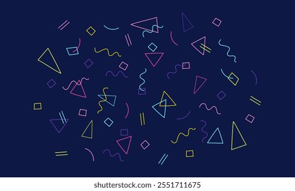 Bright neon confetti explosion on dark blue background. Festive banner with geometric elements. Style 80-90. Retro neon confetti banner. For birthday celebrations, holidays, and party decorations