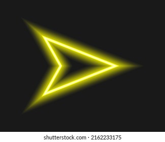 Bright neon cursor arrow on dark background. Lightning yellow direction or pointer sign. Vector realistic illustration.