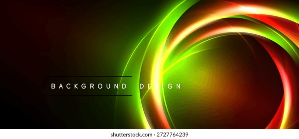 Bright neon curves create dynamic abstract background. Colors blend, forming vibrant circular shapes against dark space.
