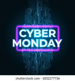 Helles Neon Cyber Montag Banner. Cyber Montag-Verkaufsflyer. Moderne Technologie Vektordesign Promotion Poster, Web-Banner. Preisschild für Sonderangebote. Dunkler Hintergrund mit Schalttafel