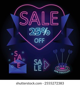 Bright Neon Valentine’s Day Sale Banner Set with neon text: Sale, 30% and 25% discount, harts, arrow, envelope and sale simbols with stylish navy blue elements for Digital and Retail Marketing