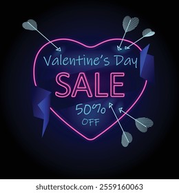 Bright Neon Valentine’s Day Sale Banner with neon Heart, Arrows, sale, fifty percent discount and stylish navy blue elements for holiday promotions