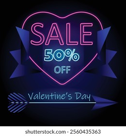 Bright Neon Valentine’s Day Sale Banner with neon Heart, Arrows, sale, fifty percent discount and stylish navy blue elements for holiday promotions