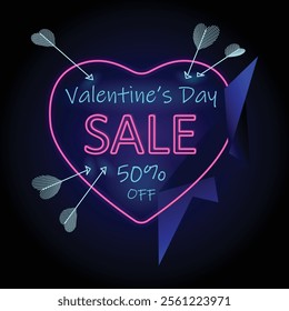Bright Neon Valentine’s Day Sale Banner with neon Heart, Arrows, sale, fifty percent discount and stylish navy blue elements for holiday promotions