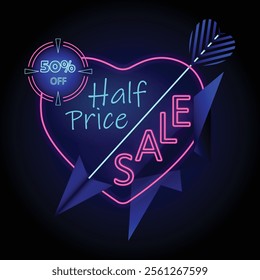 Bright Neon Valentine’s Day Sale Banner with neon Heart, Arrow, target, half price, sale, fifty percent discount and stylish navy blue elements for holiday promotions