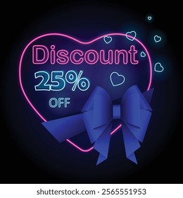 Bright Neon Valentine’s Day Sale Banner with neon Hearts, festive bow, twenty five percent discount and stylish navy blue elements for holiday promotions, Digital and Retail Marketing
