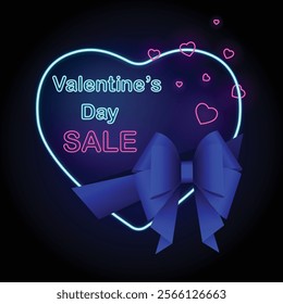 Bright Neon Valentine’s Day Sale banner with neon Hearts, festive bow and stylish navy blue elements for holiday promotions, Digital and Retail Marketing