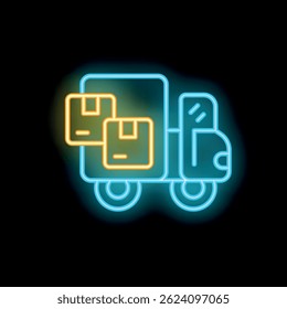 Bright neon delivery truck transporting packages icon glowing on a dark background