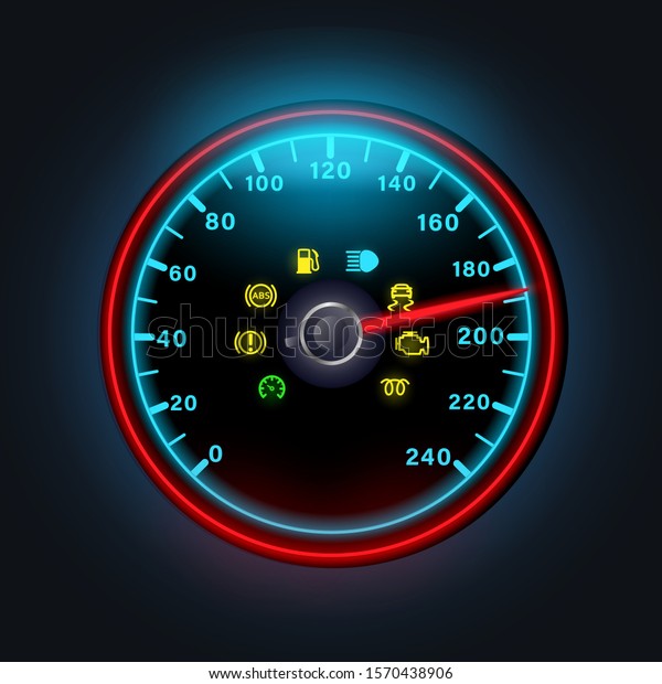 Bright neon digital speedometer with light\
dashboard indicators, yellow warning icons of engine, petrol,\
exclamation point, abs, vector\
illustration