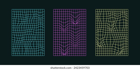 Helle Neon-verzerrte Gitter gesetzt. Warfte und gebogene futuristische Oberflächen mit Drahtrahmen. 