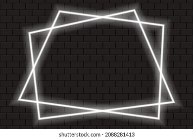 Luminoso neón doble marco blanco para banner o señal aislado en una pared de ladrillo oscuro.