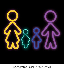 Bright neon family icon with children on black. Pregnancy and parenthood concept icons set. Adoption, parenting, for app, website or Web Page. Vector illustration.