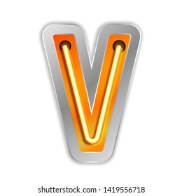 Bright Neon Font with fluorescent. V letter. Night Show Alphabet.Neon light 3D alphabet Isolated on White Background. - Vector illustration