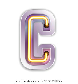 Bright Neon Font with fluorescent.letter C. Night Show Alphabet.Neon light 3D alphabet Isolated on White Background. - Vector illustration