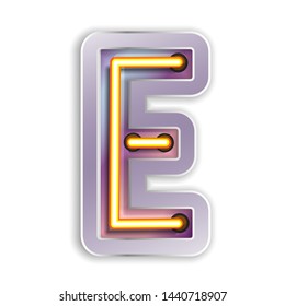 Bright Neon Font with fluorescent.letter E. Night Show Alphabet.Neon light 3D alphabet Isolated on White Background. - Vector illustration