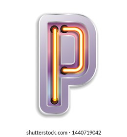Bright Neon Font with fluorescent.letter P. Night Show Alphabet.Neon light 3D alphabet Isolated on White Background. - Vector illustration