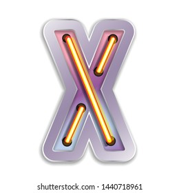 Bright Neon Font with fluorescent.letter X. Night Show Alphabet.Neon light 3D alphabet Isolated on White Background. - Vector illustration