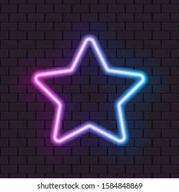 Bright neon frame in shape of star for banner or sign isolated on a dark brick wall. Pink, purple and blue light.