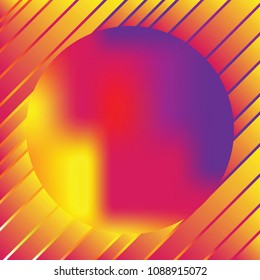 Bright Neon Frame in sunset colors. Striped retro background and round colorful ball. Orange, red and pink gradient mesh. Vector illustration eps10.