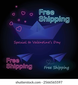Bright Neon Free Shipping Banner Set with neon Free Shipping text, harts, paper boat and paper plane with stylish navy blue elements for Digital and Retail Marketing