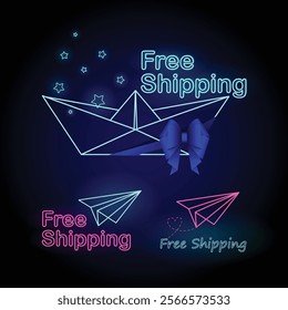 Bright Neon Free Shipping Banner Set with neon Free Shipping text, harts, paper boat and paper plane with stylish navy blue elements for Digital and Retail Marketing