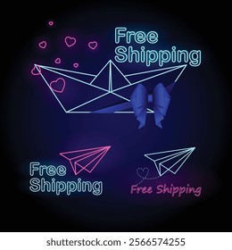 Bright Neon Free Shipping Banner Set with neon Free Shipping text, harts, paper boat and paper plane with stylish navy blue elements for Digital and Retail Marketing