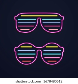 Bright neon glasses. Sunglasses or club glasses with light on dark background.