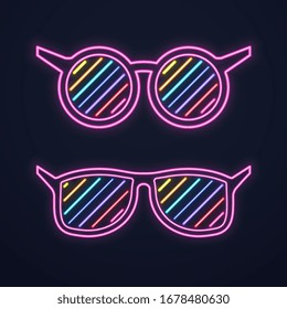 Bright neon glasses. Sunglasses or club glasses with light on dark background.