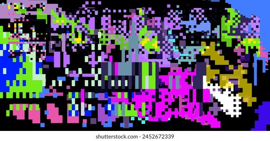 Bright neon glitchy background. Concept vector illustration of a broken program code or malware attack. 