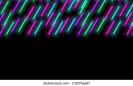 Bright neon glow sticks lines, vertical tilted, against a black background, similar to cosmic rain. Geometric abstraction. Copy space. Vector illustration.