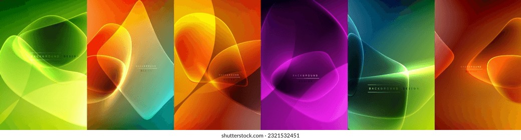 Bright neon glowing flowing elements abstract backgrounds. Design set for wallpaper, banner, background, landing page, wall art, invitation, prints, posters