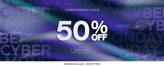 Bright Neon Gradient Cyber Monday Sale Sign with up to 50% off discount and shop now CTA Button. Cyber Monday lettering on blue purple gradient liquid background. Vector Illustration. EPS 10.