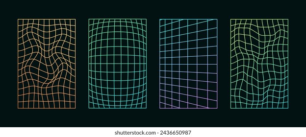 Helles Neon-Gradient verzerrte Gitter gesetzt. Verzogene und gekrümmte futuristische Drahtmodell-Oberflächen. 