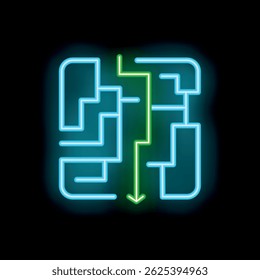 Bright neon green arrow is finding its way through a blue neon maze on a dark background