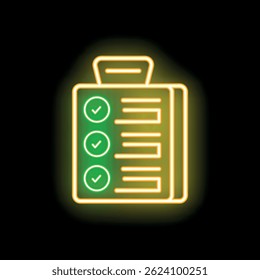 Bright neon green checklist with all items checked off glowing on a black background