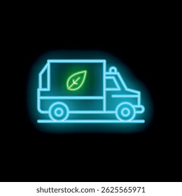 Bright neon green eco friendly transportation truck icon glowing on a dark background