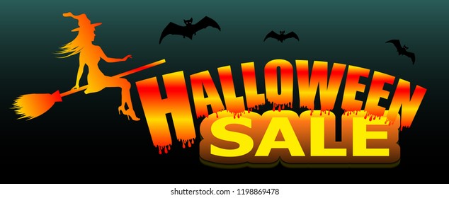 Bright neon Halloween Sale text banner with young witch and bats. Vector illustration.