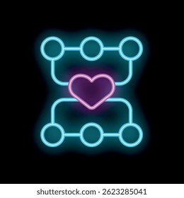 Bright neon heart is connecting two systems with nodes glowing in the dark background