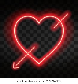 Bright neon heart. Heart sign with cupid arrow on dark transparent background. Neon glow effect. Vector