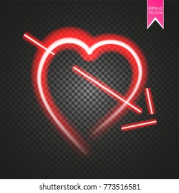 Bright neon heart. Heart sign with cupid arrow on dark transparent background. Neon glow effect. Vector