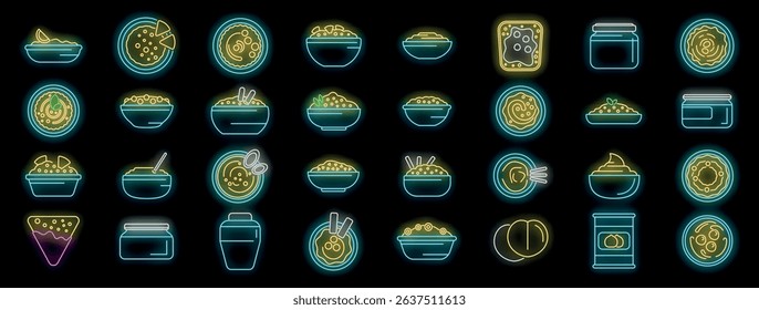 Bright neon hummus icons glowing in the dark, representing various forms of this popular middle eastern and mediterranean dip