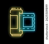 Bright neon icon of 35 mm analog camera film roll glowing on dark background