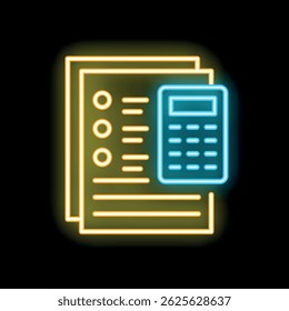 Bright neon icon of calculator calculating tax form glowing on black background