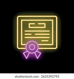 Bright neon icon of certificate with ribbon glowing on dark background, symbolizing achievement and success