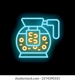 Bright neon icon of a coffee maker brewing a fresh pot of coffee, perfect for representing coffee shops or cafes