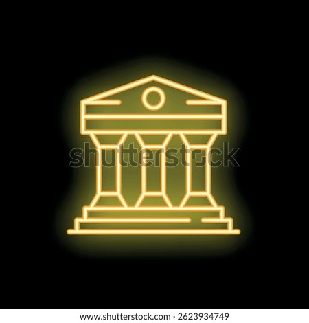 Bright neon icon of a courthouse representing legal proceedings and the judicial system